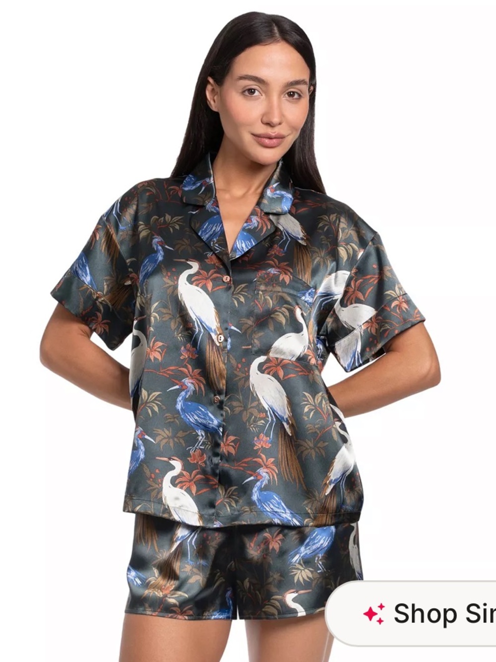 Lilac and London Satin Short Pajama Set in Dark Green Crane Print Size XL